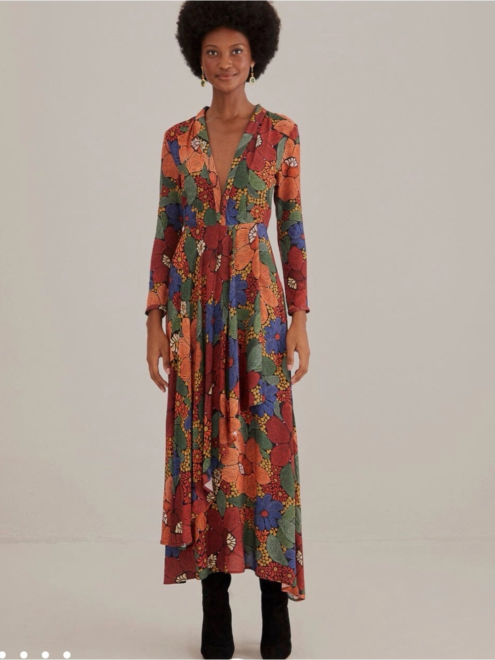 Farm Rio Stitched Flowers V Neck Midi Dress Floral Mutlicolor Medium - Picture 1 of 11